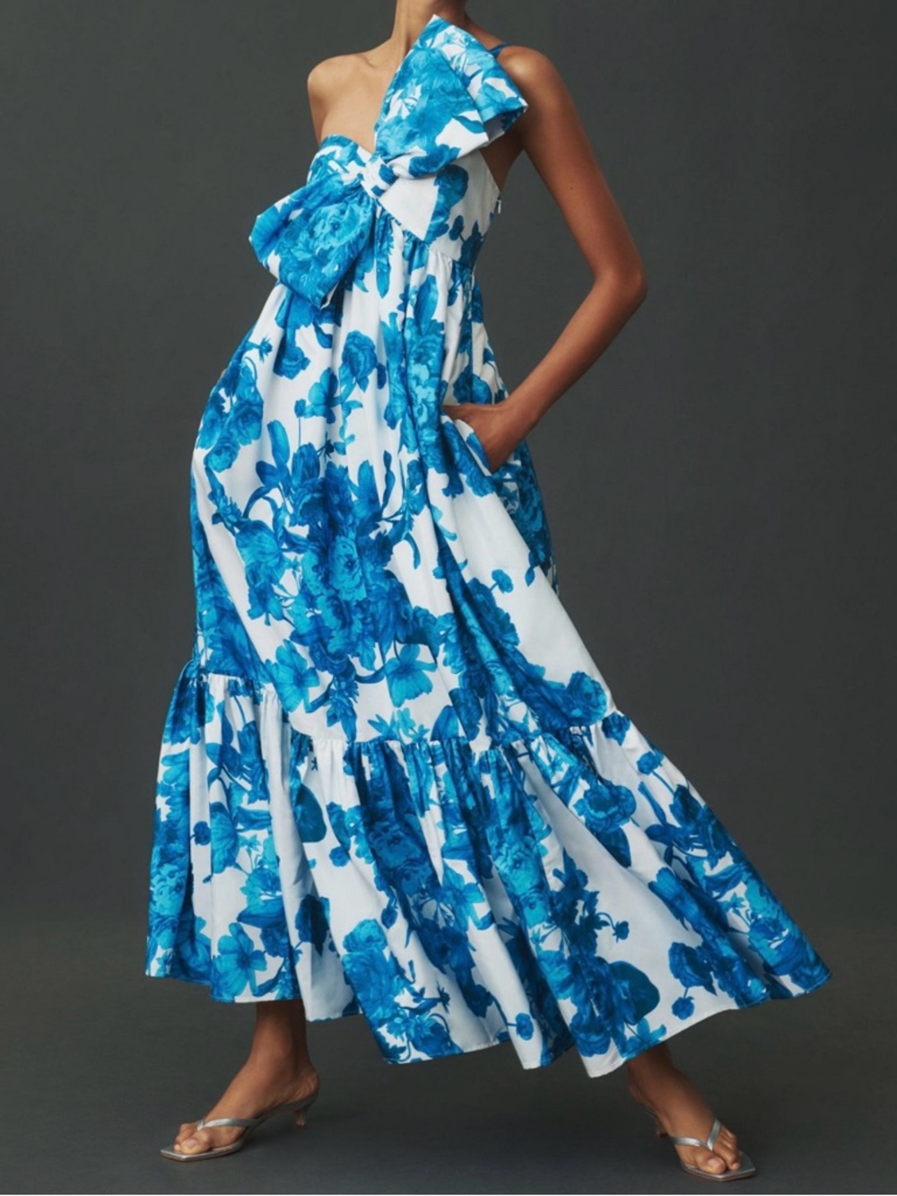 Anthropologie Atsu Sally One-Shoulder Blue Floral Midi Dress with Bow